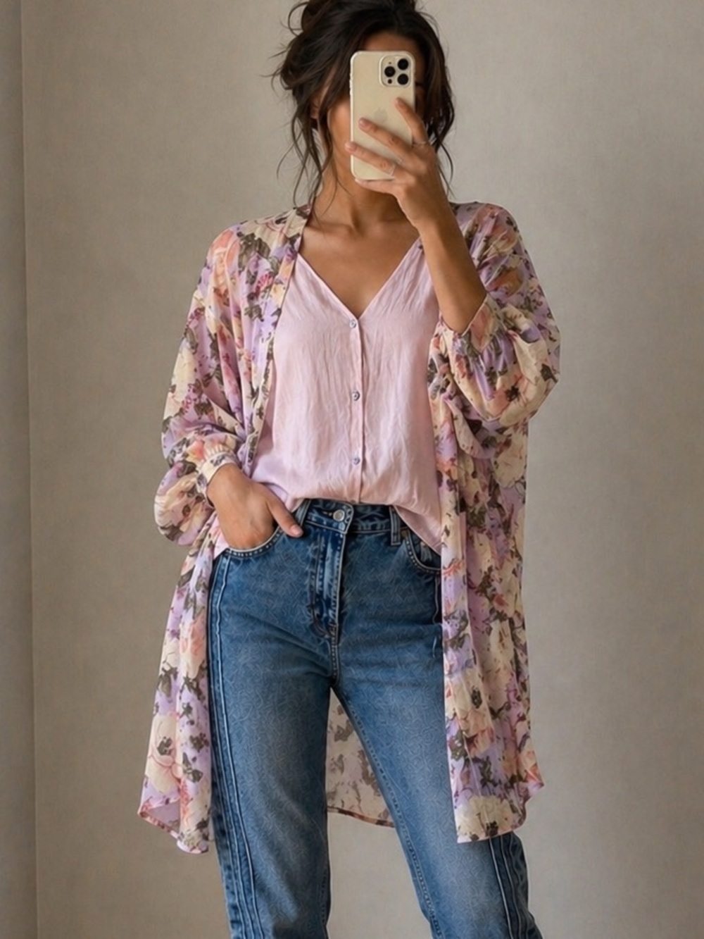 Steve Madden Lilac Floral Sheer Kimono Robe
